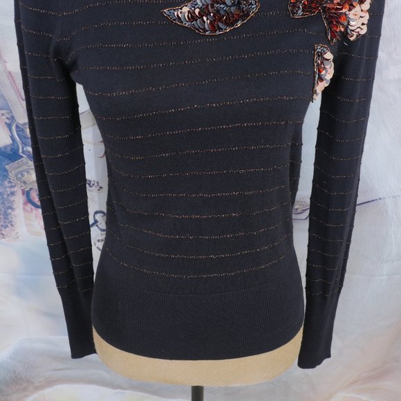 Marc By Marc Jacobs Black Bronze Stripe Sequin Floral Fitted Size XS Sweater - Picture 4 of 10